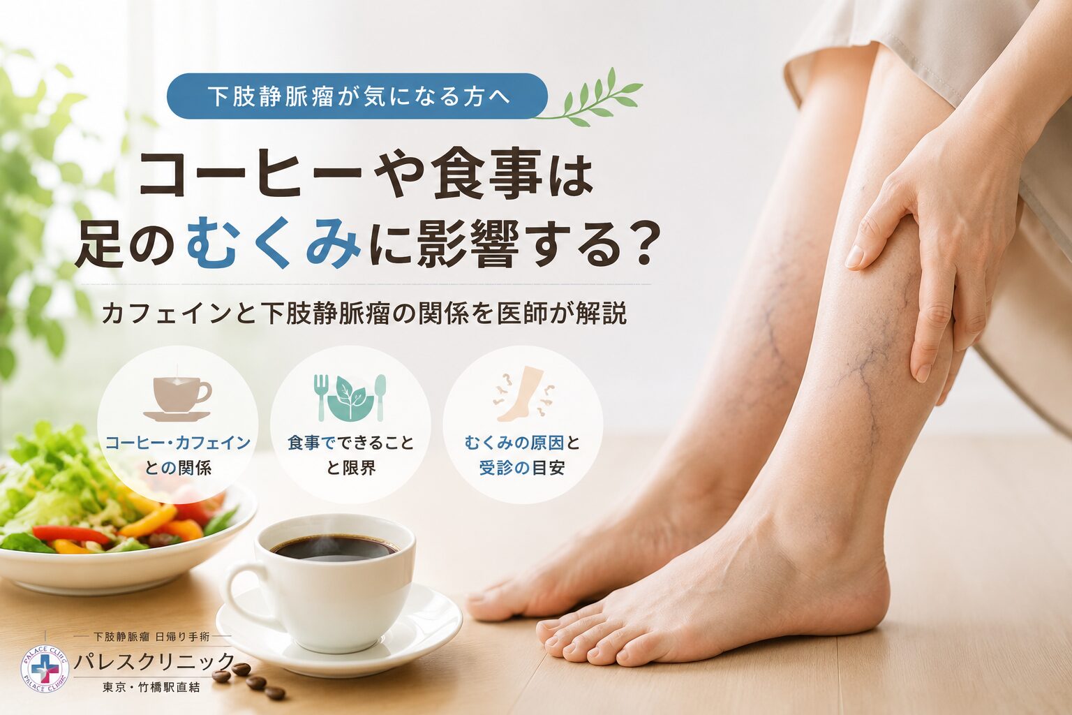 下肢静脈瘤とコーヒー、食事、足のむくみの関係を表すイメージ