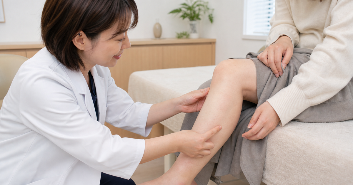硬化療法の適応を判断するために脚の状態を確認する診察のイメージ