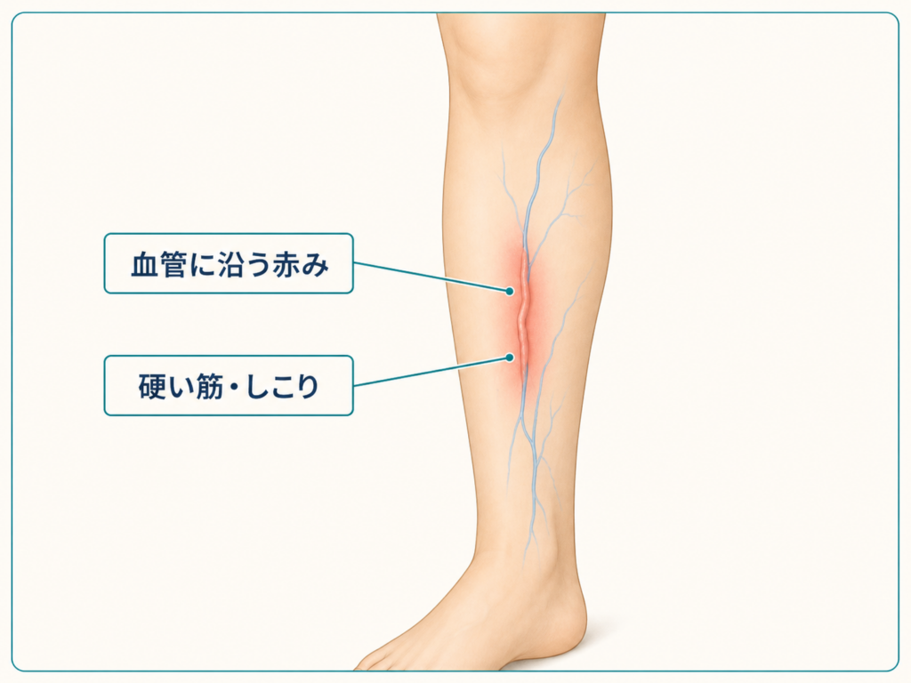 血管に沿う赤みと硬い筋・しこりの模式図