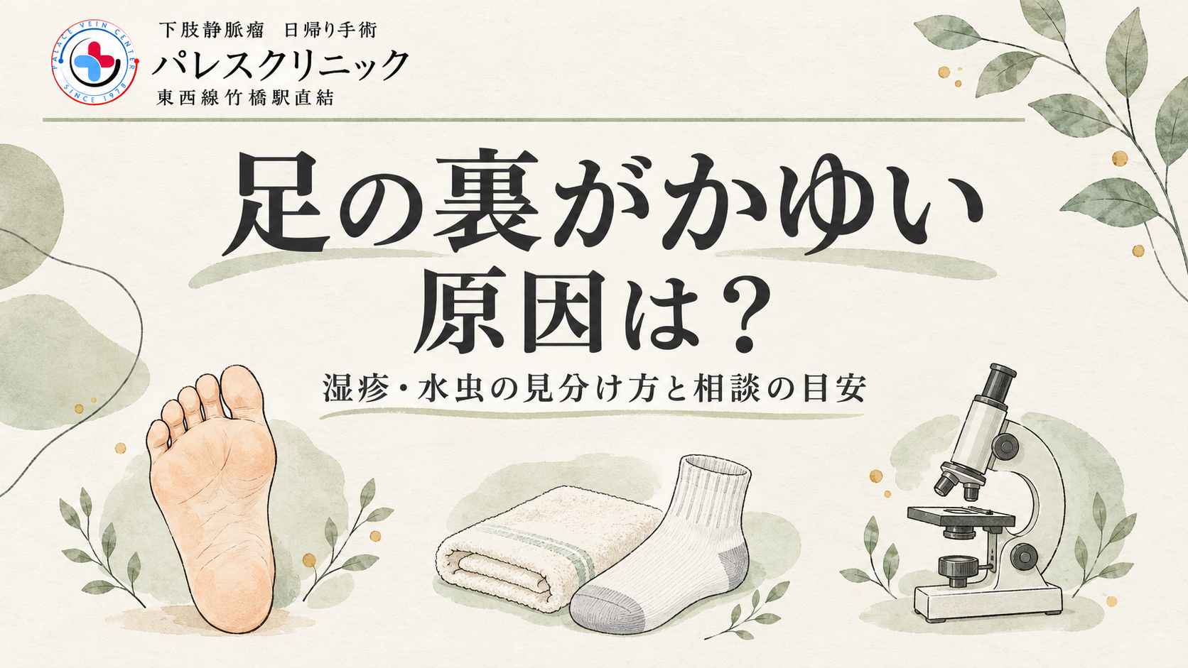 足裏、タオルと靴下、顕微鏡のイラストで、足の裏がかゆい原因と相談の目安を示すアイキャッチ
